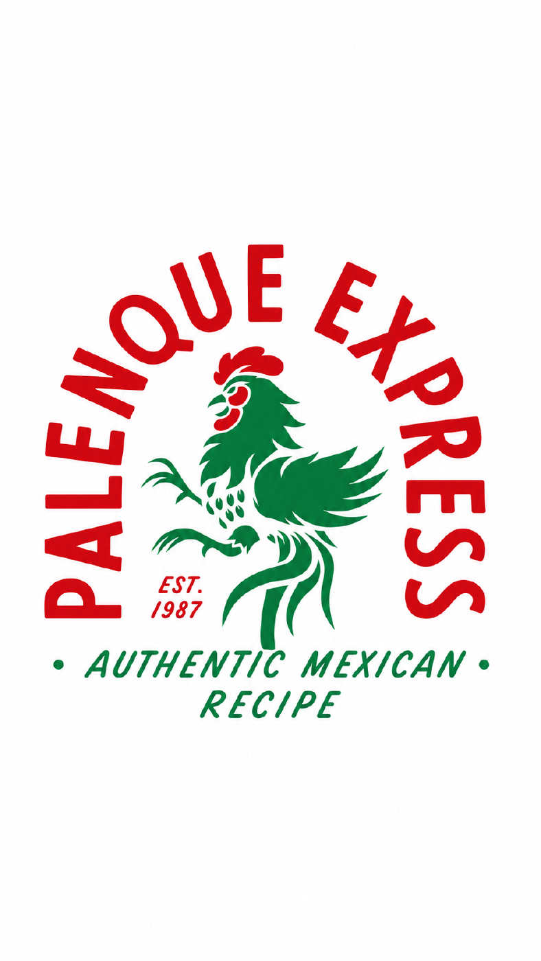 Palenque Express rooster logo, established 1987, Authentic Mexican Recipe